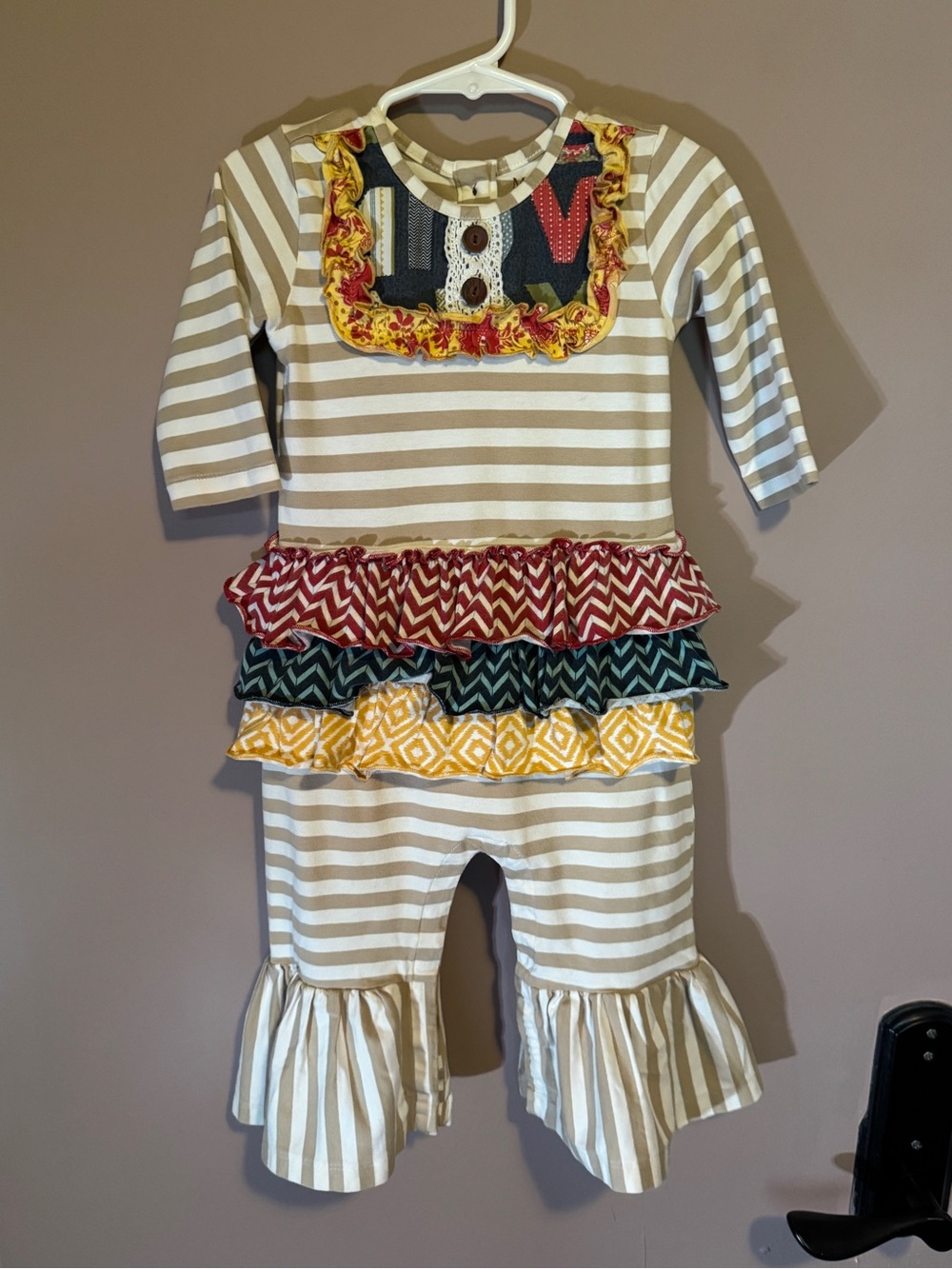 Mustard Pie Dahlia Striped Romper with Multicolor Chevron Accents